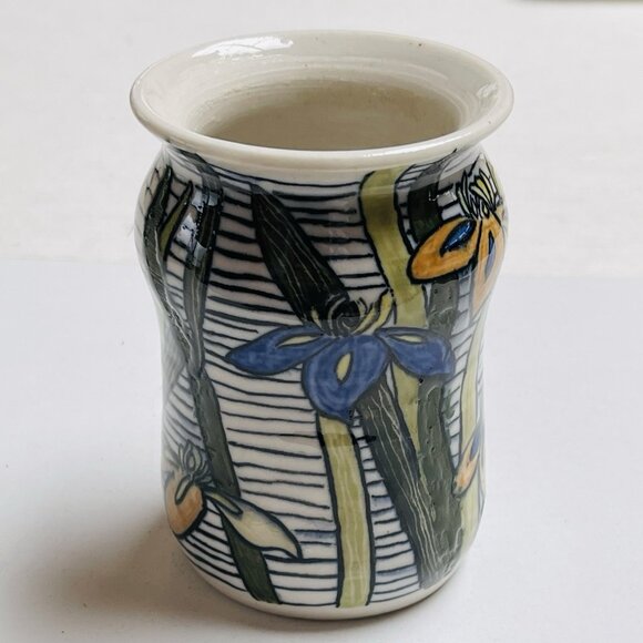 Studio Art Pottery Vase Signed Floral Blue Iris Home Decor - Picture 2 of 7